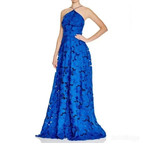 Badgely Mischka Collection Long Halter Lace Gown Royal Blue - Picture 1 of 7